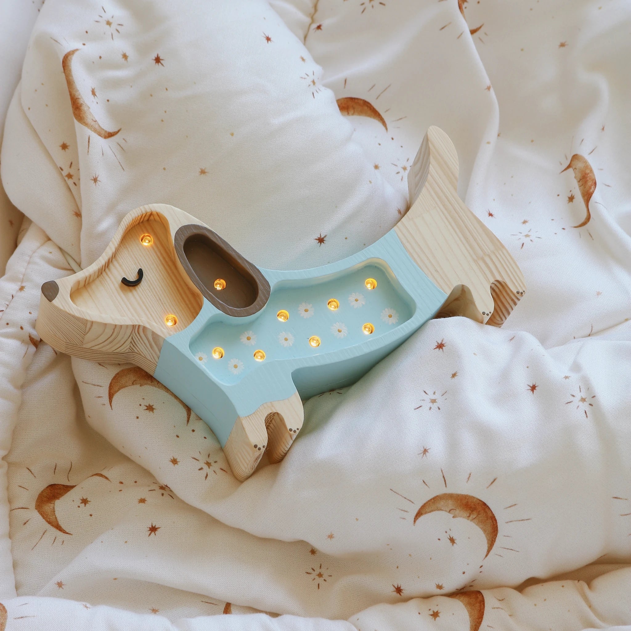 Holzlampe Hund Blumen mini, blau - Little Lights