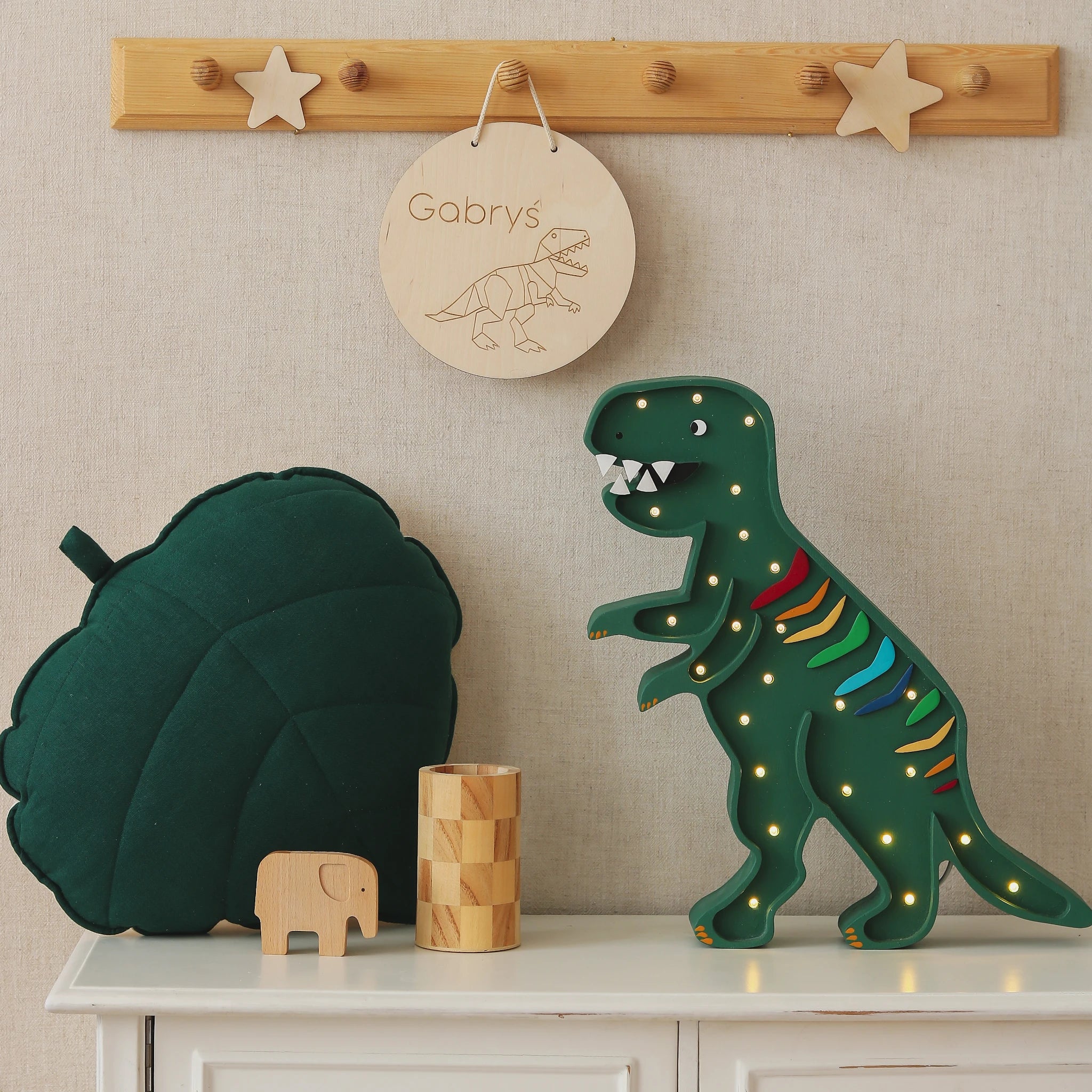Holzlampe T-Rex grün- Little Lights