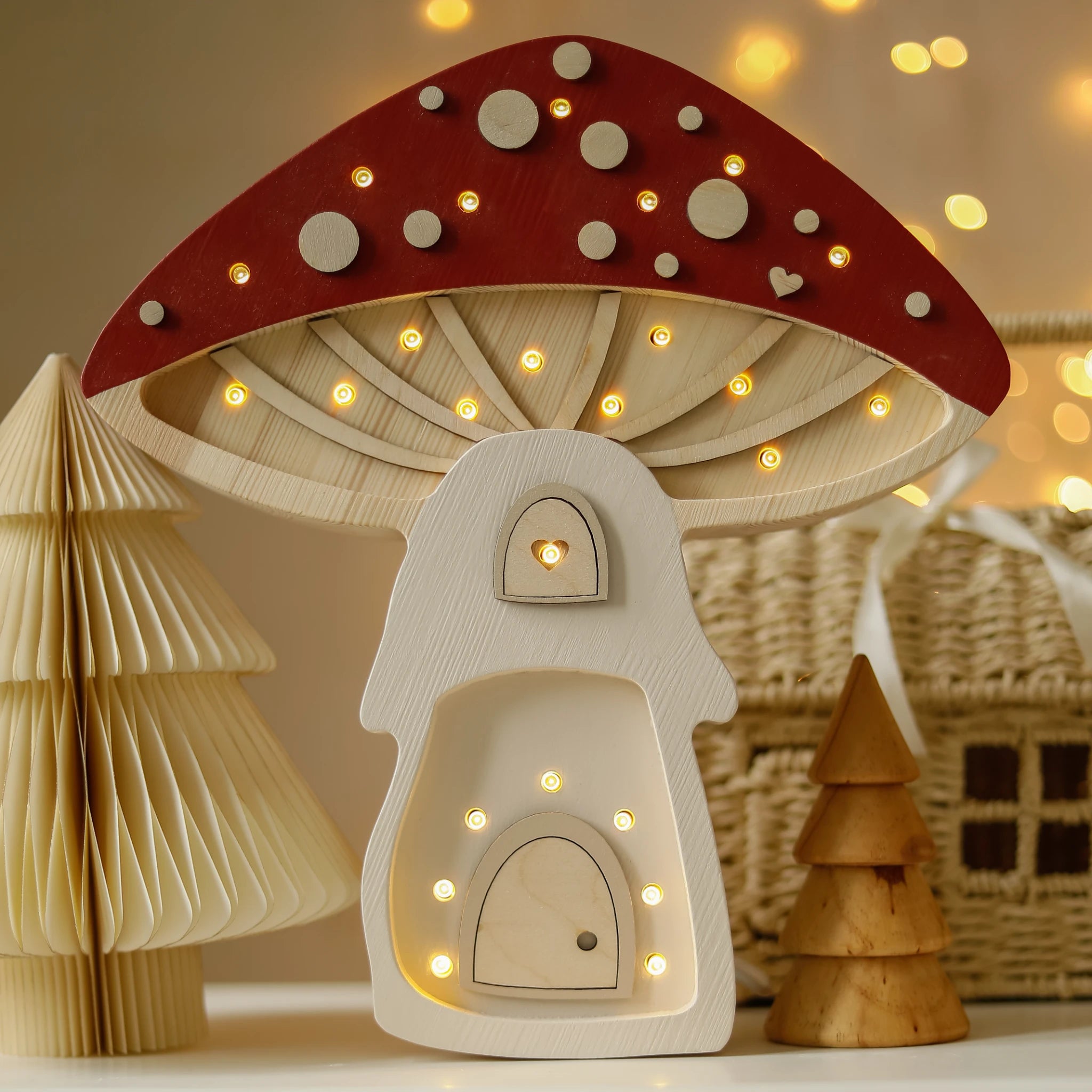 Holzlampe Pilzhaus rot - Little Lights
