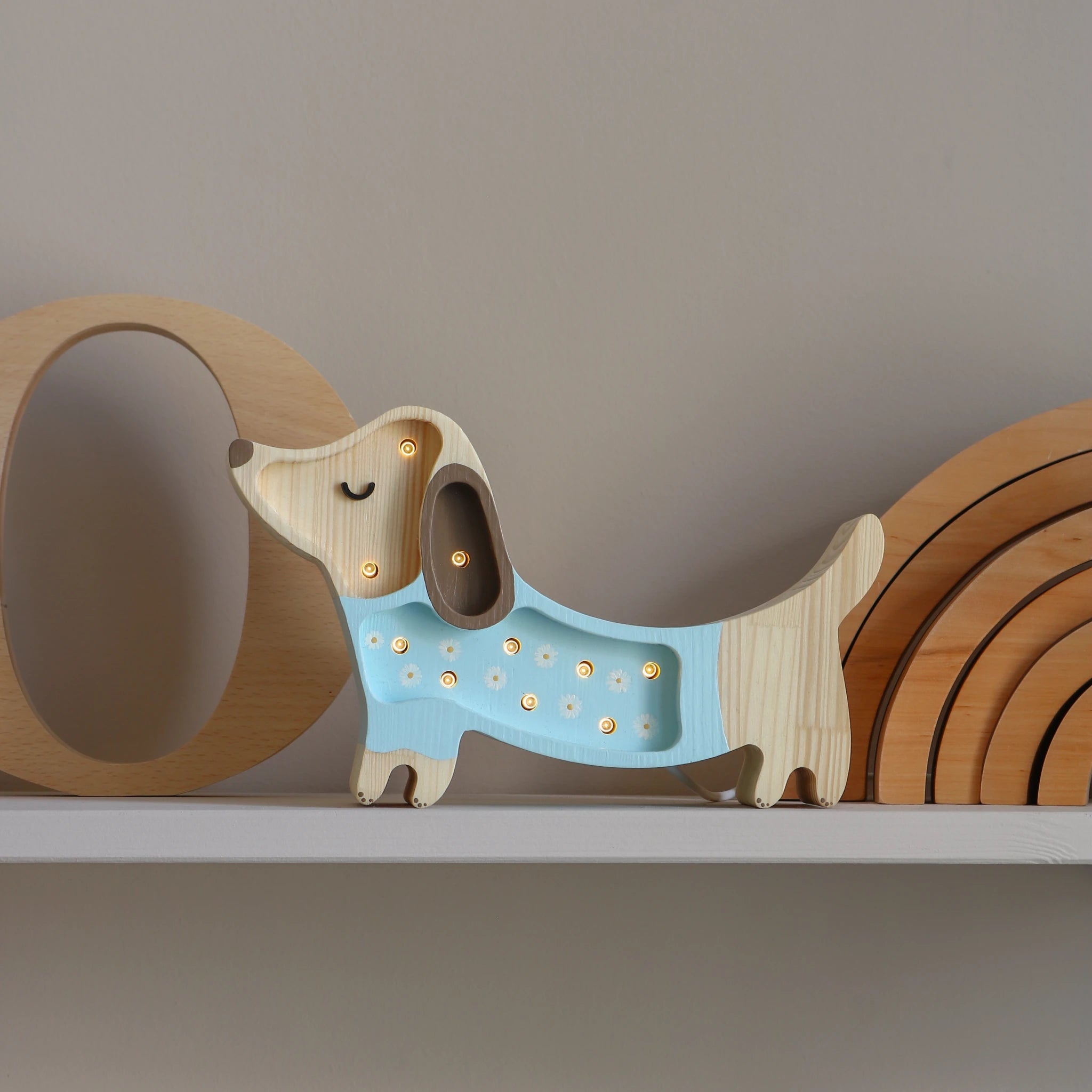 Holzlampe Hund Blumen mini, blau - Little Lights